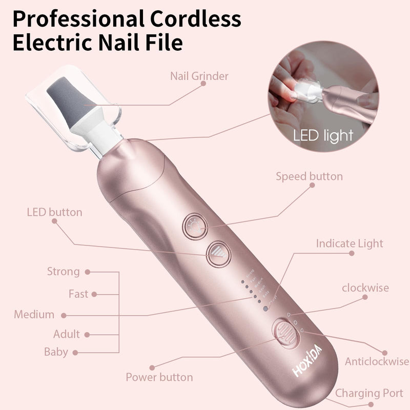 Manicure Pedicure Kit with Case, Professional Nail Grinder for Senior Thick Toenail, Cordless Electric Nail File, 5 Speeds Pedicure Tools for feet Callus Remover, Nail Drill for Women Hand Feet Care Rosecase
