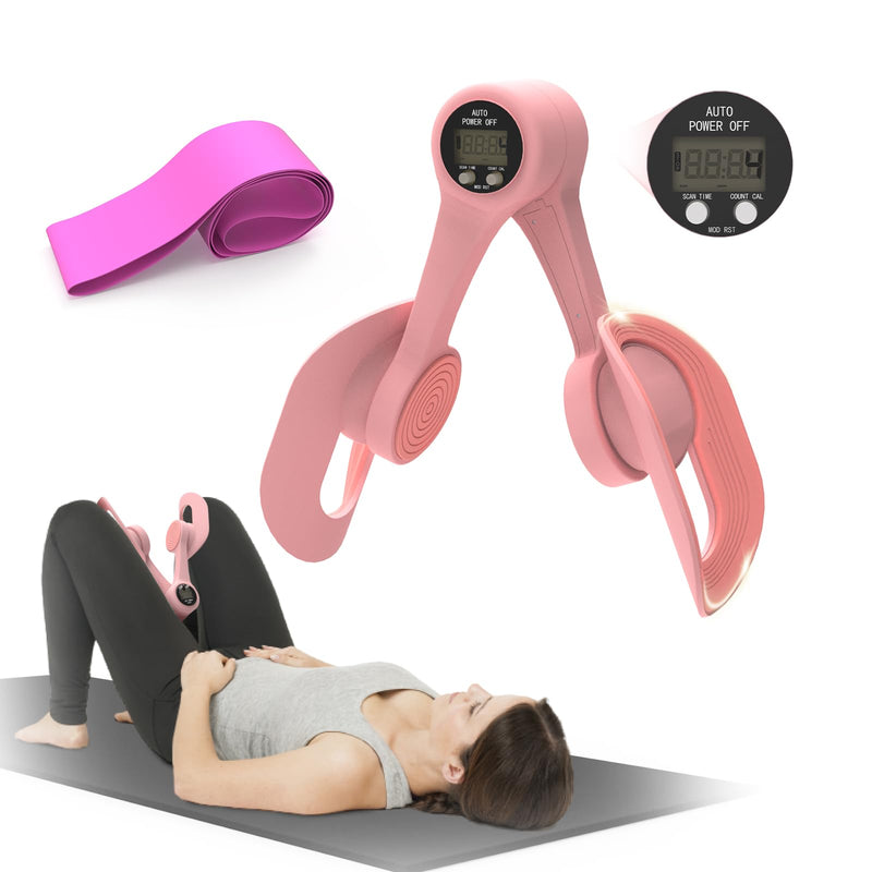 Thigh Trainer, 360°Adjustable Pelvic Floor Muscle Trainer with LED Display, Inner Thigh Exerciser with 20LB Resistance Band for Women, Home Fitness Equipment for Hip, Leg, Arm Pink