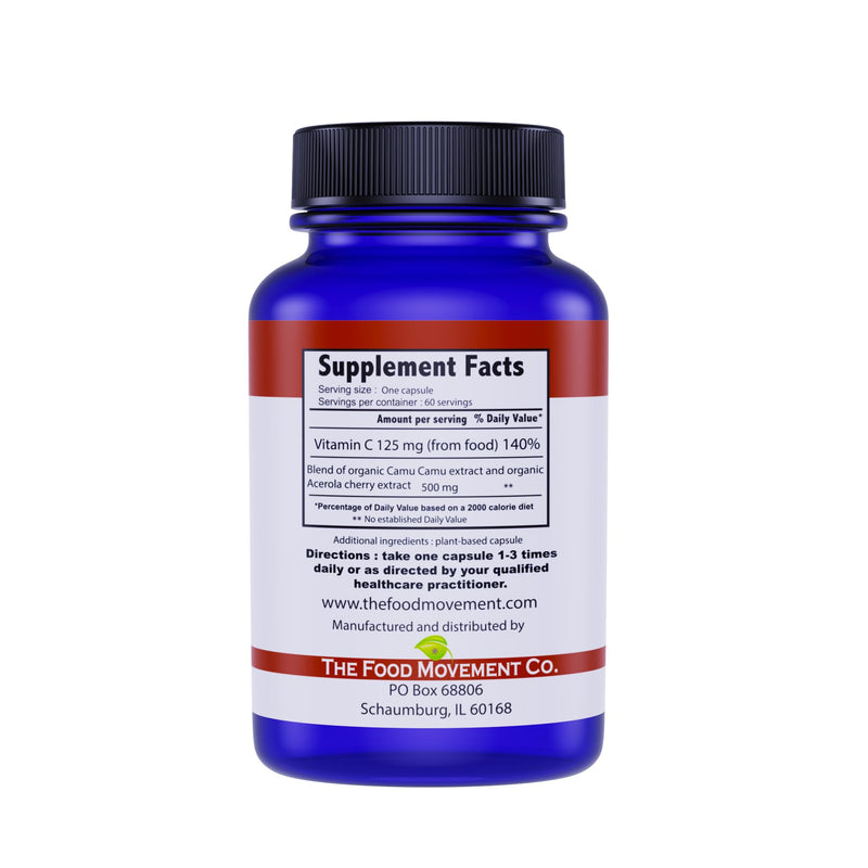 THE FOOD MOVEMENT CO. 100% Plant-Based Vitamin C 60 Capsules 125mg - Adults Immune System Antioxidant Support Dietary Supplement - Whole Food Vegan Supplements from Organic Non-GMO Gluten-Free Fruits
