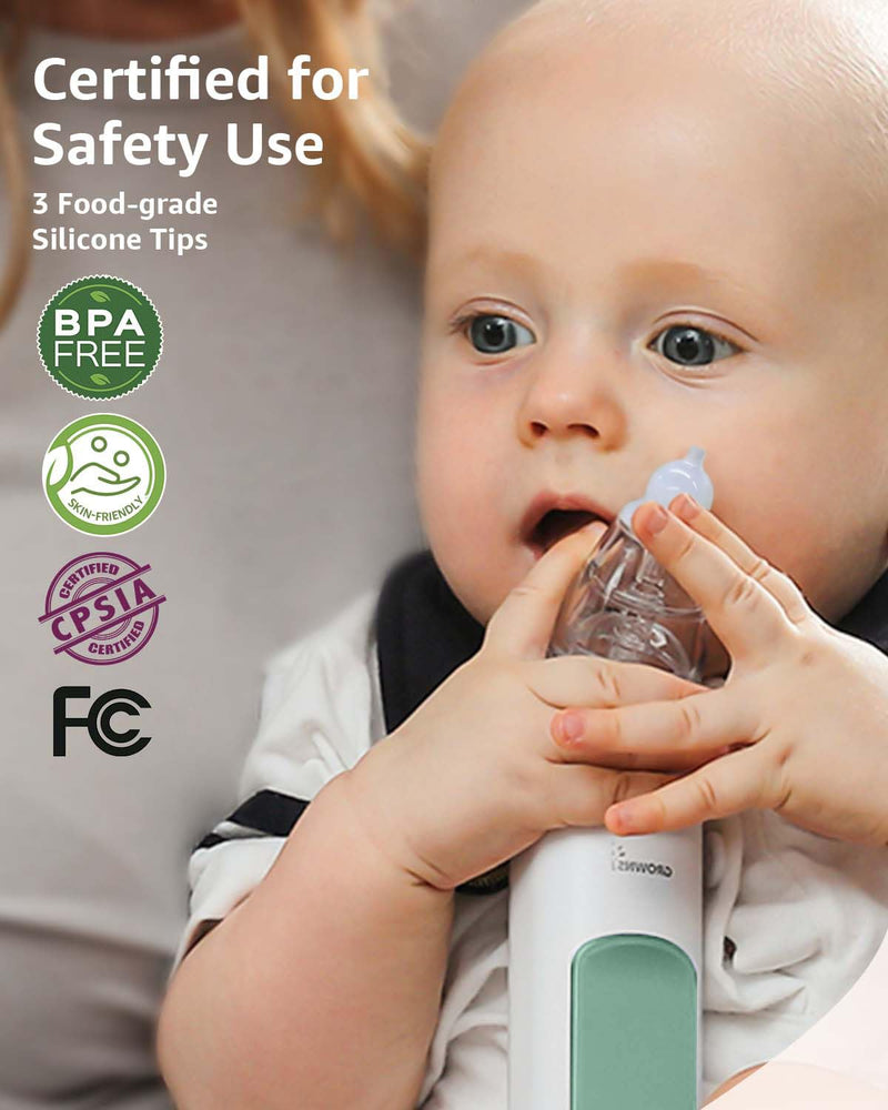 GROWNSY Nasal Aspirator for Baby, Electric Nose Aspirator for Toddler, Baby Nose Sucker, Automatic Nose Cleaner with 3 Silicone Tips, Adjustable Suctions, Music and Light Soothing Function (Green) Green