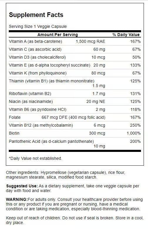 Swanson Daily Multivitamin Without Minerals 30 Veg Capsules, 2 Pack | Nutritional Insurance for Your Daily Needs, Delivers All 13 Essential Vitamins, Supports Bones and Cardiovascular Health