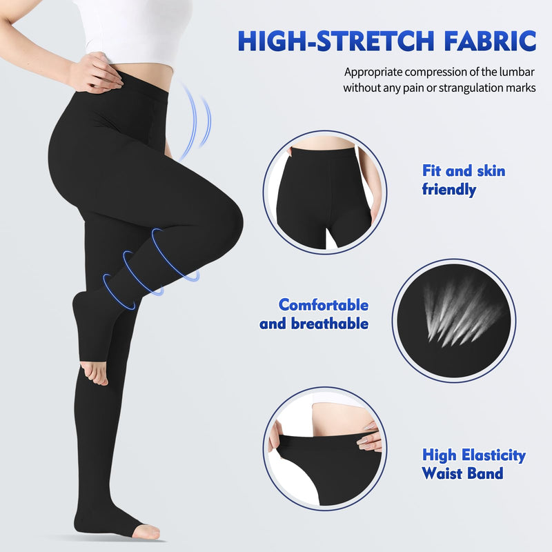 Medical Compression Pantyhose Stockings for Women & Men, 20-30mmHg Graduated Support Hose Tights,Opaque Waist High Compression Stockings & Leggings For Medical,Athletic,Travel Use Medium Open Toe Black