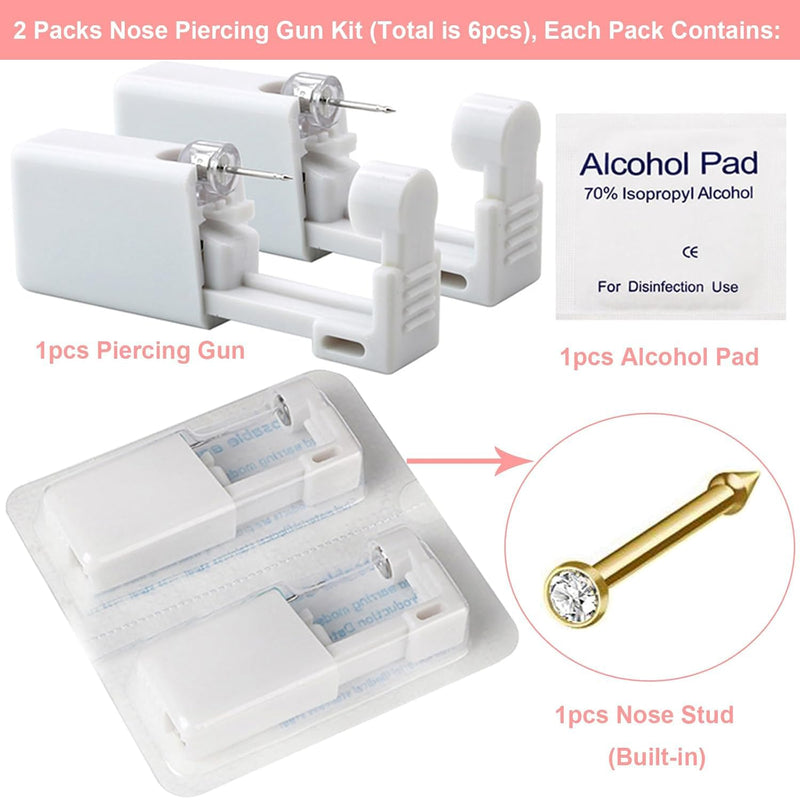 Nose Piercing Gun Kit - 6Pcs Self Nose Piercing Kit Unit Disposable Nose Piercing Gun Including 2Pcs Nose Piercing Gun with 2Pcs Built-in Nose Studs and 2Pcs Clean Tools for Nose Cartilage Tragus Helix Piercing Kit(Gold) Silver - BeesActive Australia