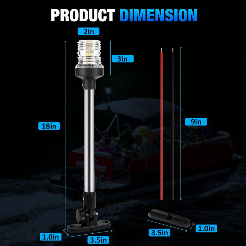 18 Inch Stern Light Bimini Top Anchor Light, LED Pontoon Navigation Lights Waterproof IP67, 3 NM Visibility White Fold Down Rear Boat Lights for Jon Boat, Small Boats, Fishing Boats (12~24V) 18 Inches - BeesActive Australia