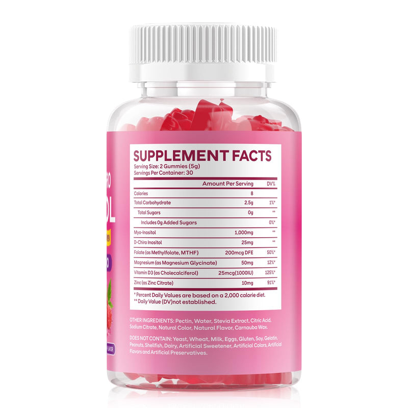 Myo-Inositol & D-Chiro Inositol Gummies for Women, 120 Count | 1000mg+25mg 40:1 Ratio, with Vitamin D3, Magnesium Glycinate, Folate & Zinc, Vegan, Sugar Free, Non-GMO, Raspberry Flavor 60 Count (Pack of 2)