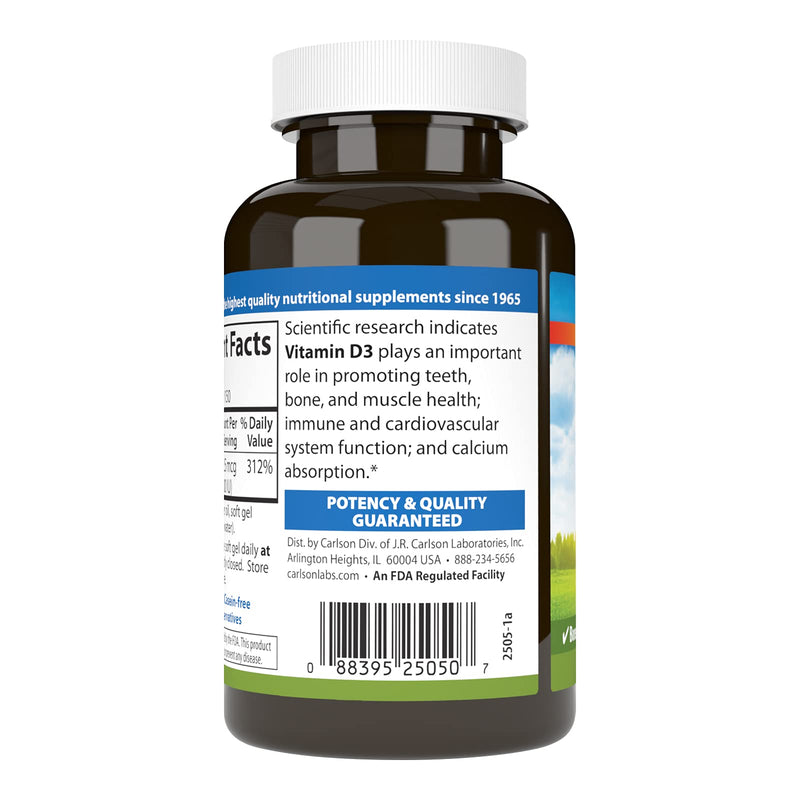 Carlson Vitamin D3, 2500 IU (62.5 mcg), Immune Support, 150 Softgels | Bone Health; Muscle Health; Cholecalciferol; Vitamin D Supplements; Vitamin D3 Soft Gels 150 Count (Pack of 1)