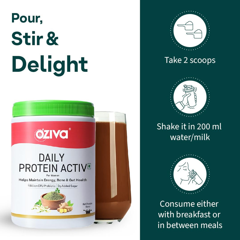 OZiva Daily Protein Activ for Women | Best Protein Powder for Women with 120g Protein, Probiotics, Shatavari for Increased Energy Levels, Bone Health and Hormonal Balance (Chocolate 300 g)