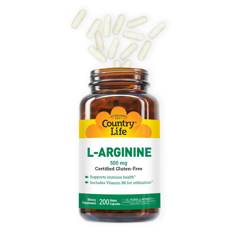 Country Life L-Arginine 500 mg with Vitamin B6, 200 Vegan Capsules | Supports immune health with free-form L-arginine; Certified Gluten-Free, Vegan and Kosher 200 Count (Pack of 1)