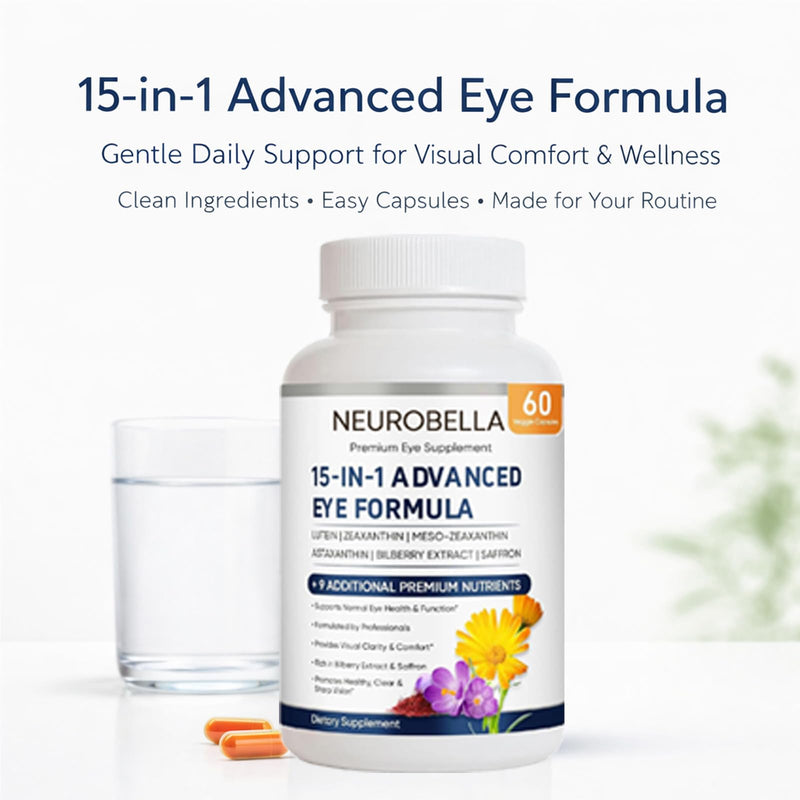 Neurobella Eye Formula, 15 in 1 Daily Eye Wellness Supplement with Lutein Zeaxanthin Bilberry & Vitamins, Clean Capsule Formula for Adult Wellness Routine (1)