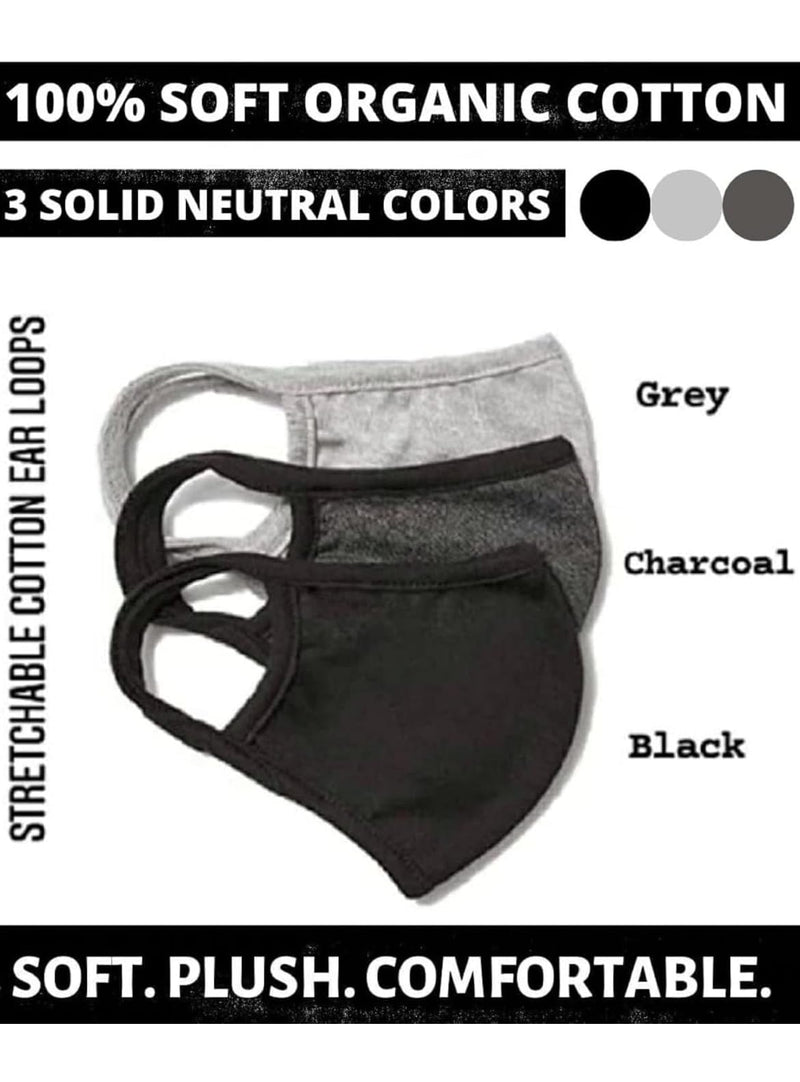 Cotton Face Masks - Made of Premium Organic Cotton, Reusable Washable Soft Cloth Face Masks, Ideal for Adults & Teens(3/6 Pk) 3 Pack Black,grey,charcoal