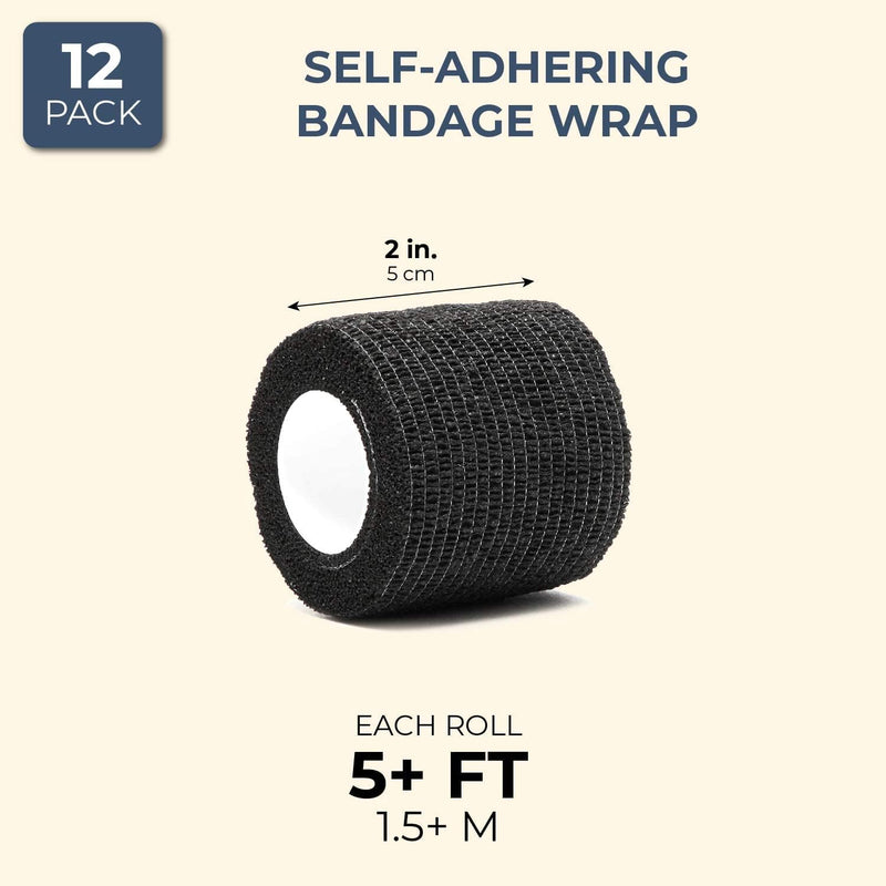 Juvale 12-Rolls Self Adhesive Bandage Wrap, Vet Tape - 2 in x 5 Yds Breathable, Elastic Cohesive Wrap Tape for Wrist, Swelling, Sports, Tattoo (Black) - BeesActive Australia
