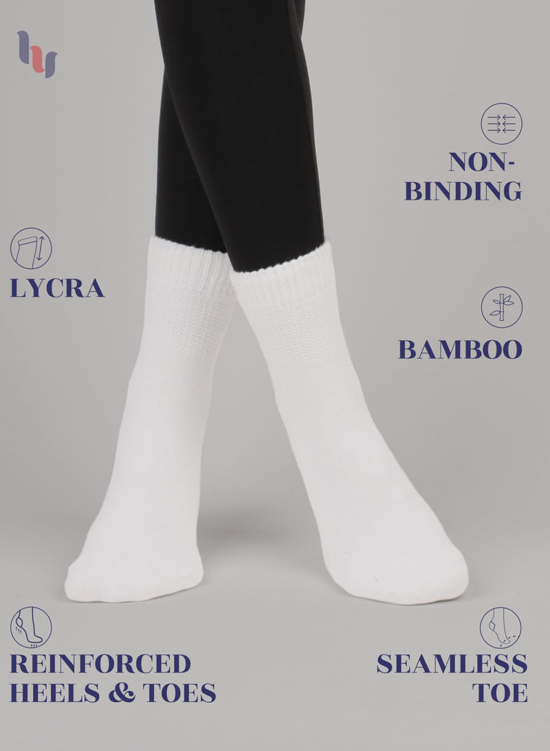 Hugh Ugoli Diabetic Socks for Women, Extremely Soft, Rayon derived from Bamboo, Ankle, Thin, Wide, Loose, Non-Binding Top 6-9 02- White (4 Pairs)