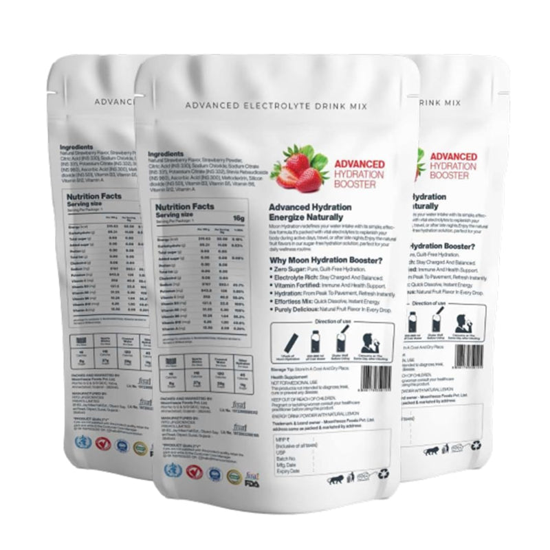 MOON Lunar Strawberry Hydration Booster Energy Drink Mix Natural & Healthy Electrolytes Mix Instant Daily Hydration & Energy Boost Post Workout Energy Powder Pack of 3(16g X 18 Sachets) 10.16 Ounce (Pack of 1)
