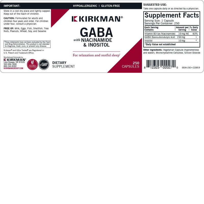 GABA 150 mg w / Niacinamide & Inositol - Hypoallergenic , 250 capsules