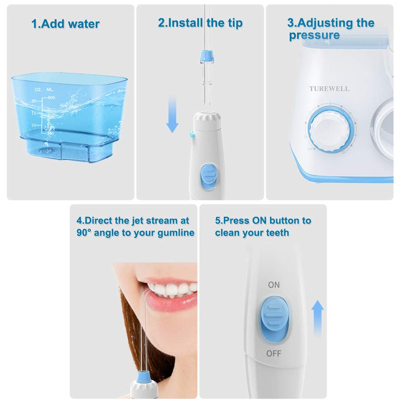 TUREWELL Water Flossing Oral Irrigator, 600ML Dental Cleaner 10 Adjustable Pressure, Electric Oral Flosser for Teeth/Braces, 8 Replacement Jet Tips for Family (White) White - BeesActive Australia