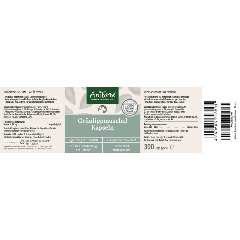 AniForte green-lipped mussel capsules for dogs, pack of 300 - green-lipped mussel dog, joint tablets with green-lipped mussel powder in full-fat quality 10.2%, for joints and agility - BeesActive Australia