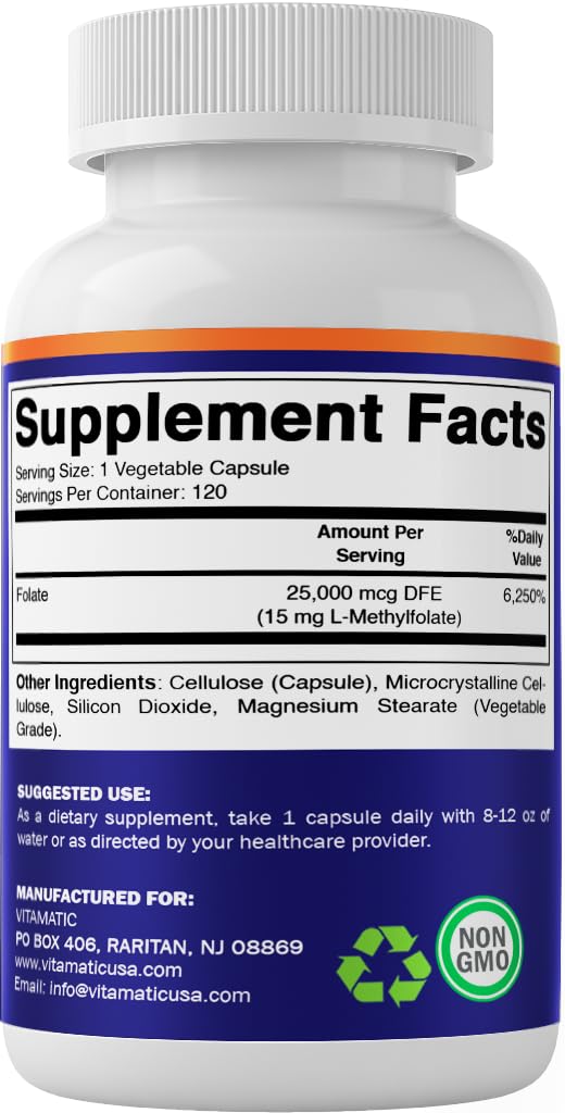 Vitamatic Methyl Folate 15 mg, 120 Vegetarian Capsules - 2 Pack | Metabolically Active Form of 25000 mcg DFE Folate, Non GMO, Gluten Free, Made in USA