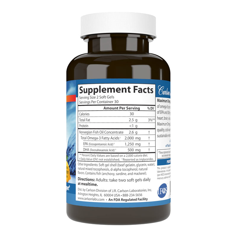 Carlson - Maximum Omega 2000, 2000 mg Omega-3 Fatty Acids Including EPA and DHA, Wild-Caught, Norwegian Fish Oil Supplement, Sustainably Sourced Fish Oil Capsules, Lemon, 60 Softgels 60 Count (Pack of 1)