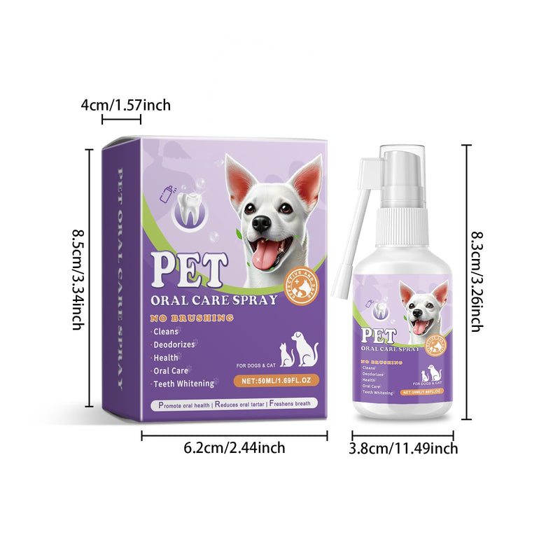 Dog Cat Dental Spray No Brushing No Residue, 50ml/1.69FL.OZ 360° Long Nozzle, Helps Freshen Breath Reduce Plaque, Alcohol-Free for Puppies Kittens All Pets