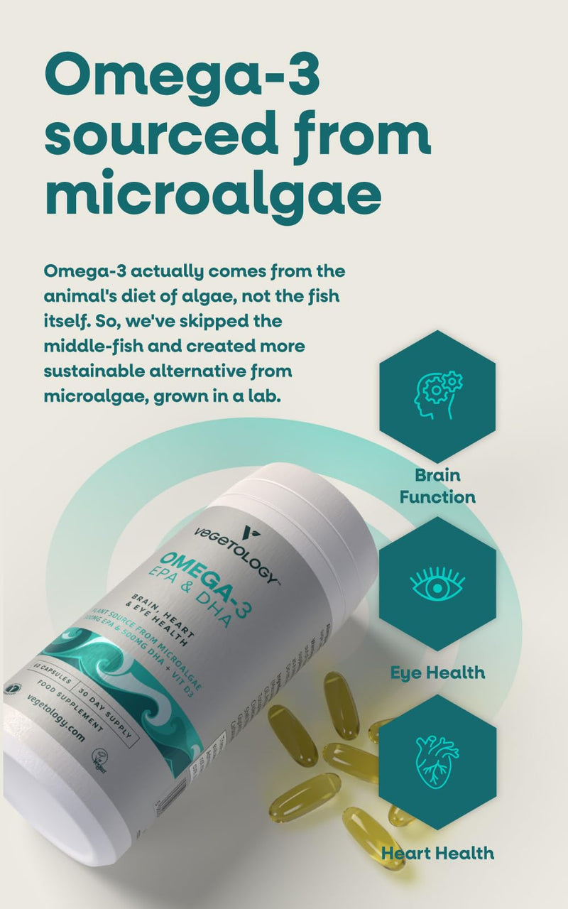VEGETOLOGY Vegan Omega 3 Supplement (60 Capsules) – Omega-3, EPA, Vitamin D3 & DHA Supplements - Algae Omega 3 Vegan Supplements for Brain, Eye, & Heart Health – Omega 3 for Kids & Adults 60 Count (Pack of 1)