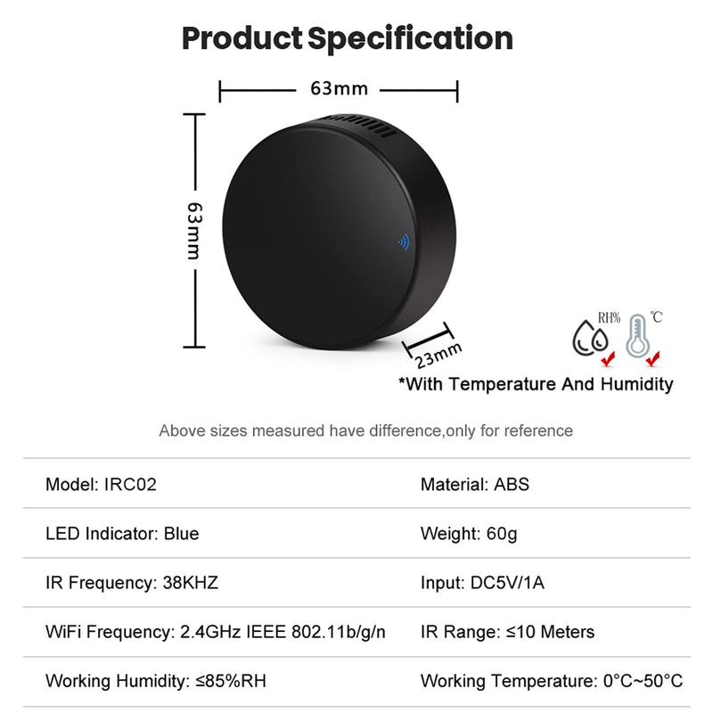Smart IR Remote Control: Universal WiFi Infrared Remote Control with Temperature Humidity Sensor, App&Voice Control, 3in1 WiFi Thermometer Hygrometer, Compatible with Alexa, Google Assistant