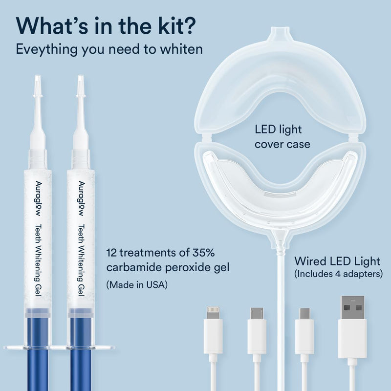Auraglow Teeth Whitening Kit, Wired LED Accelerator Light, 35% Carbamide Peroxide Teeth Whitening Gel, 12 Whitening Treatments, (2) 3mL Whitening Gel Syringes, Whiten Teeth Faster 0.2 Fl Oz (Pack of 1) - BeesActive Australia