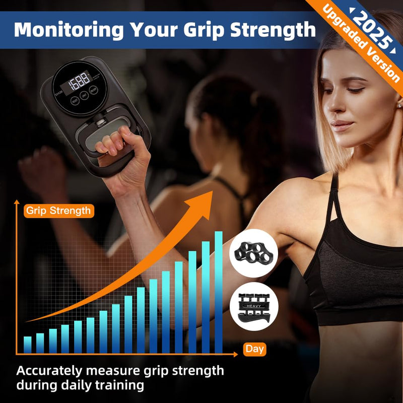 Grip Strength Tester Hand Gripper - Grip Strength Trainer Hand Dynamometer Handheld Meter LED Display Comfortable 265 Lbs / 120 Kgs Finger Strengthener for Sports Home School Gym Use Black