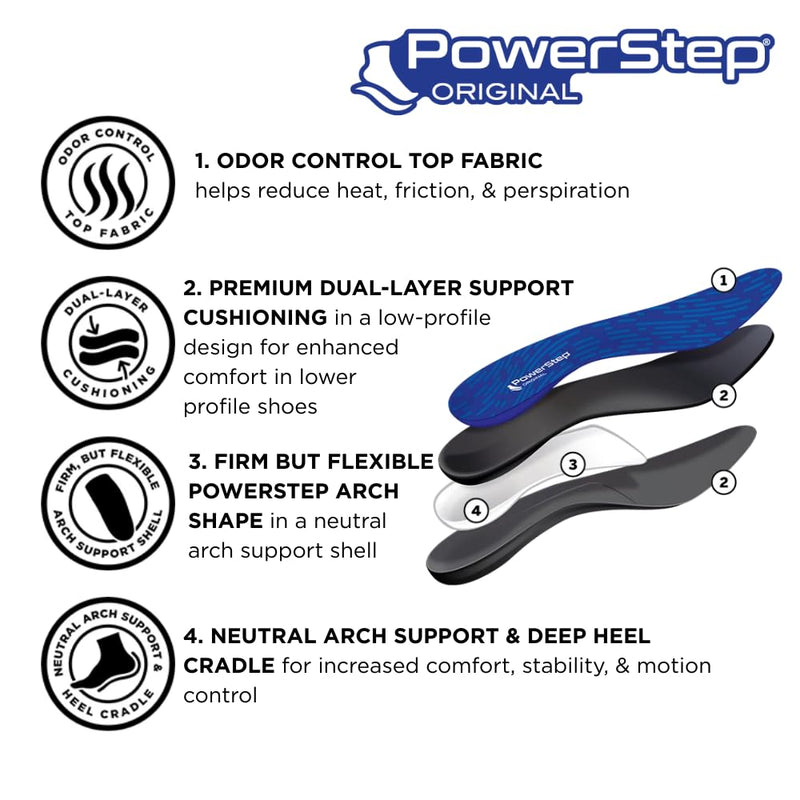 PowerStep Original Insoles, Arch Pain Relief Orthotics, Tight Shoes, Foot Support for Plantar Fasciitis, Mild Pronation, Foot & Arch Support Inserts, Shoe Inserts, Made in the USA (M 7-7.5, F 9-9.5) Blue/Black Men's 7-7.5 / Women's 9-9.5