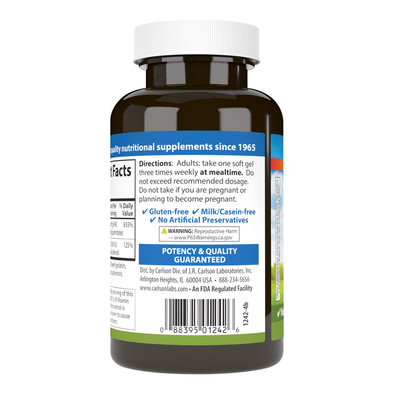 Carlson - A & D, 25000 IU (7500 mcg RAE) Vitamin A, 1000 IU (25 mcg) Vitamin D, Vision Support, Skin Health, 250 Softgels - BeesActive Australia