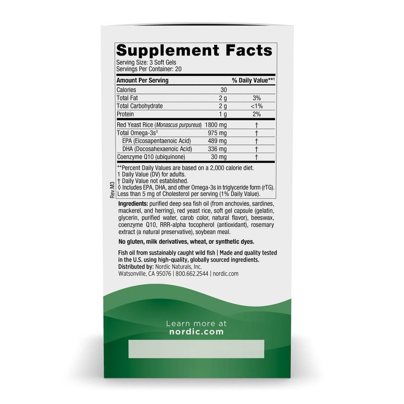 Nordic Naturals Cholesterol Support, 975mg Omega-3 + Red Yeast Rice + CoQ10 | Red Yeast Rice supports healthy LDL cholesterol naturally. EPA & DHA omega-3s for heart health. Lemon. Non-GMO. 20 servings.