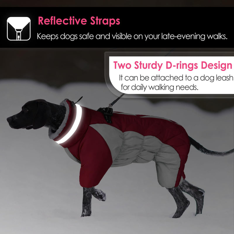 AOFITEE Fullbody Dog Coat Dog Jacket, Windproof Dog Winter Coat with Harness Built In, Reflective Turtleneck Dog Snow Jacket Snowsuit, Four-Legged Puffer Coat for Small Medium Large Dogs M Burgundy - BeesActive Australia