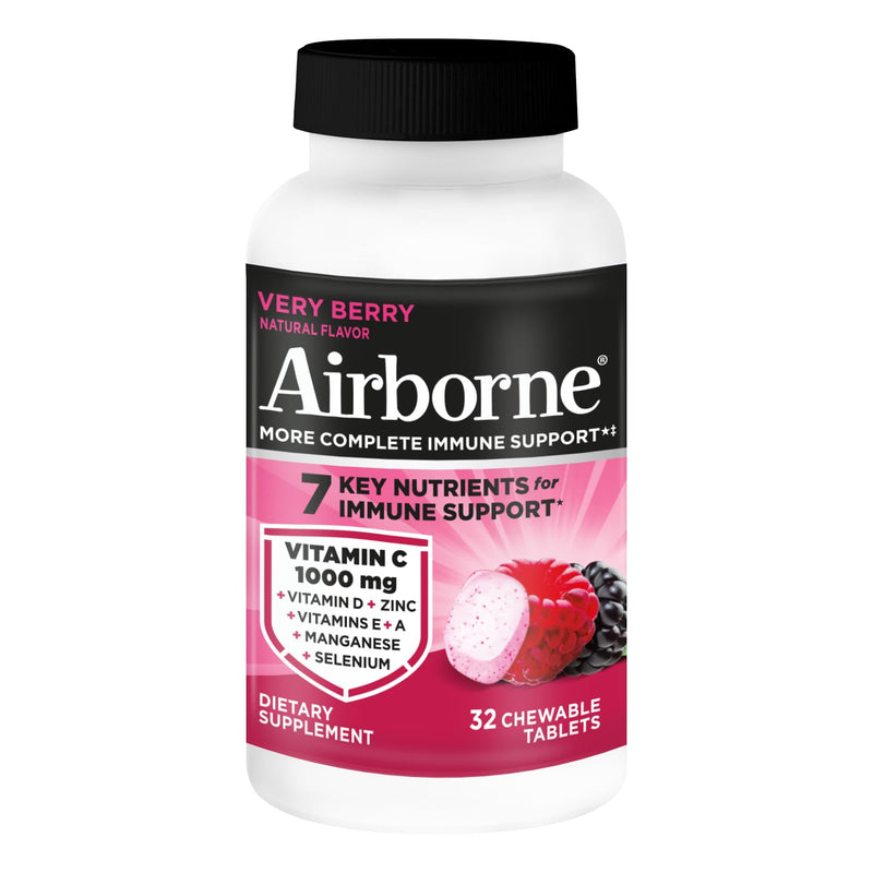 Airborne Very Berry Chewable Tablets, 32ct | Immune Support Supplement with 1000mg Vitamin C + Vitamins A, D, E, Zinc,Selenium, & Manganese | Herbal blend | Gluten Free