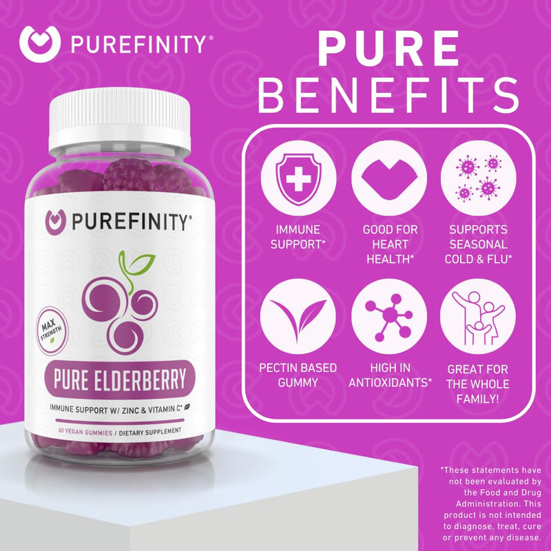 PUREFINITY Elderberry Gummies with Sambucus, Vitamin C, and Zinc – Your Perfect Daily 3-in-1 Supplement for Kids & Adults – Gluten Free, Non-GMO, Vegan, 60 Count (Pack of 2) 60 Count (Pack of 2)