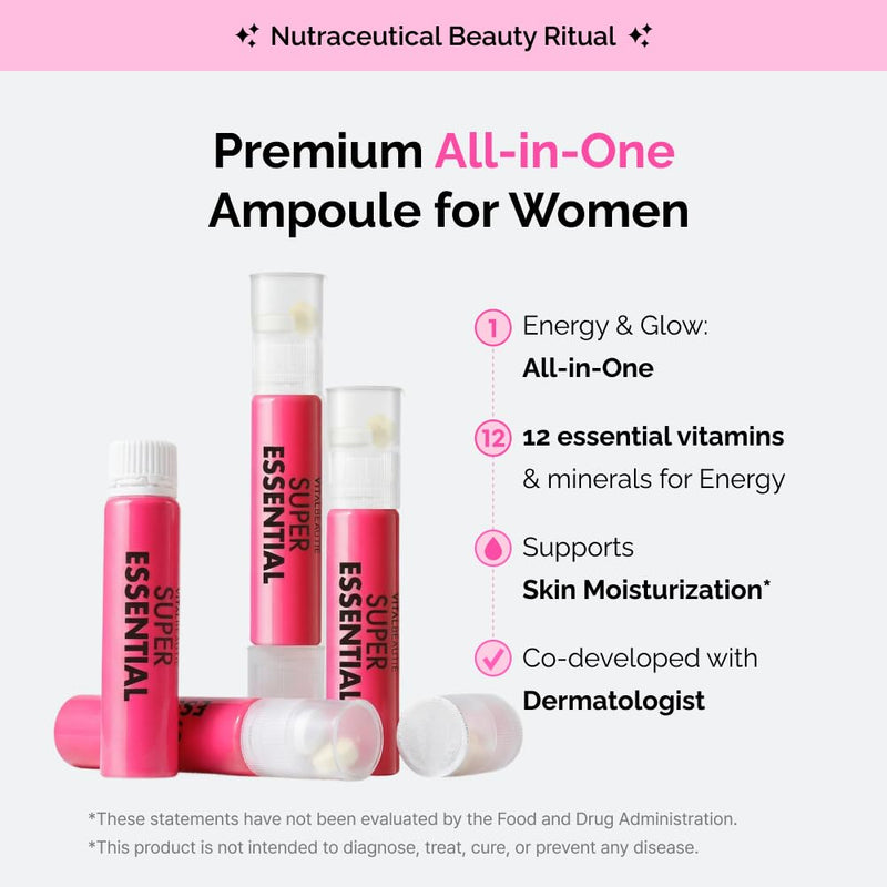 VITALBEAUTIE Super Essential (7-Day) – Women’s All‑in‑One Beauty + Multivitamin Ampoules & Tablets – 1,000mg Fish Collagen + 1,000mg Vitamin C, Biotin, Iron, Vitamin D – Grape Flavor - 7 Servings