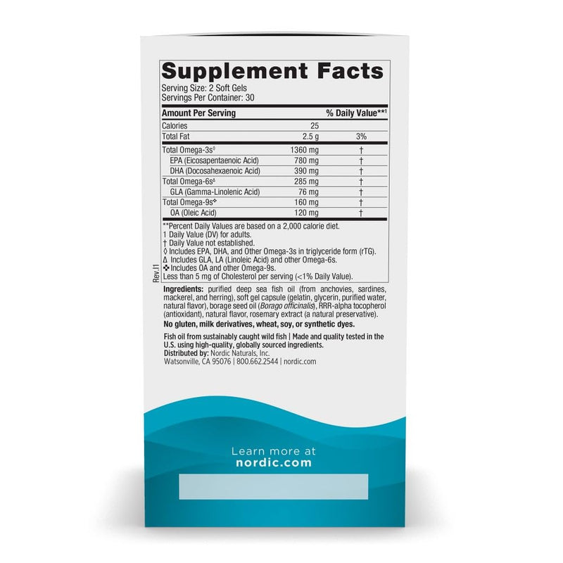 Nordic Naturals Complete Omega Xtra, Lemon - 60 Soft Gels - 1360 mg Omega-3 + 76 mg GLA - Healthy Skin - Cognition - Non-GMO - 30 Servings Standard Packaging - BeesActive Australia