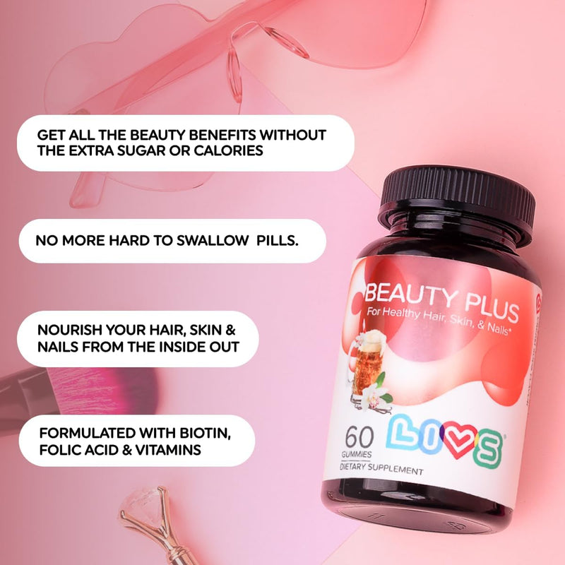 LIVS Beauty Plus Gummy Vitamins - Biotin Gummies for Hair, Skin and Nails | Natural, Gluten-Free, Non-GMO Beauty Supplement with Vitamin A, C, E, B12, D2, Zinc & More - Cream Soda Flavor - 60 Ct Pack of 1
