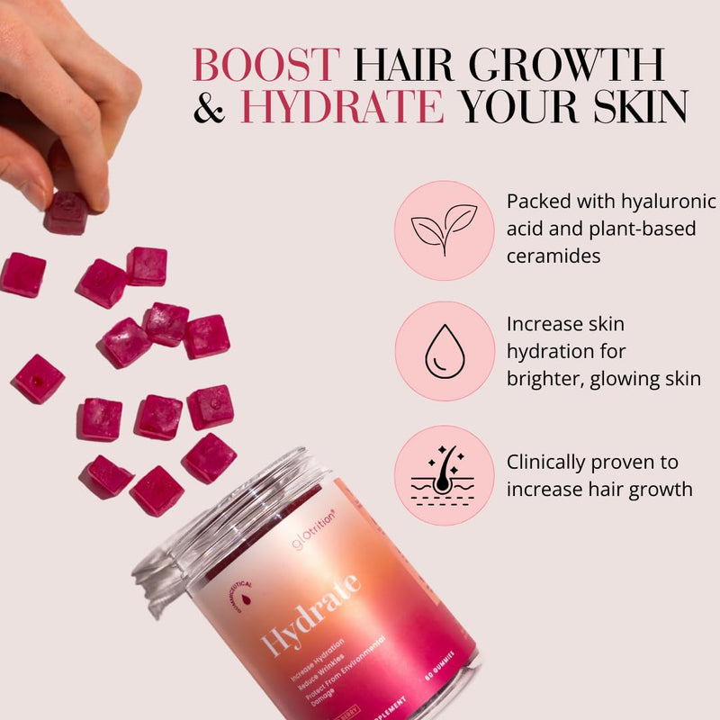 Glotrition Hydrate | Hair Vitamin Gummies for Hair Growth | Stronger, Thicker Hair | Supports Healthy Hair & Skin | 60 Gummies - BeesActive Australia