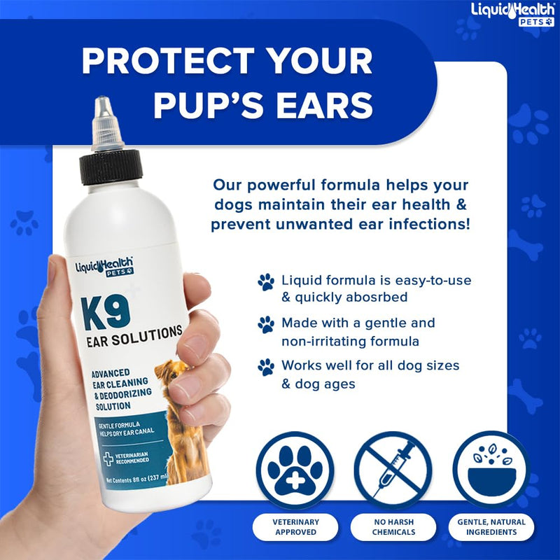 LIQUIDHEALTH Pets K9 Dog Ear Cleaner Wash Solutions - Infection Cleaning Hygiene Treatment Liquid Drops for Dogs, Canines, Puppies - for Use After Swimming or Bathing - Made in The USA (8 oz, 1Pack) 8 oz - 1 pack
