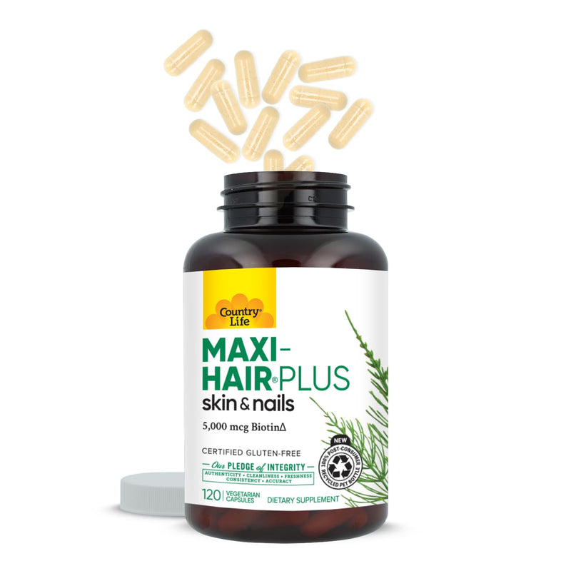 Country Life Maxi-Hair Plus 5,000 mcg Biotin, 120 Capsules | 1,200 mg Maxi Blend with MSM, L-methionine, L-cysteine and horsetail extract; 30 servings