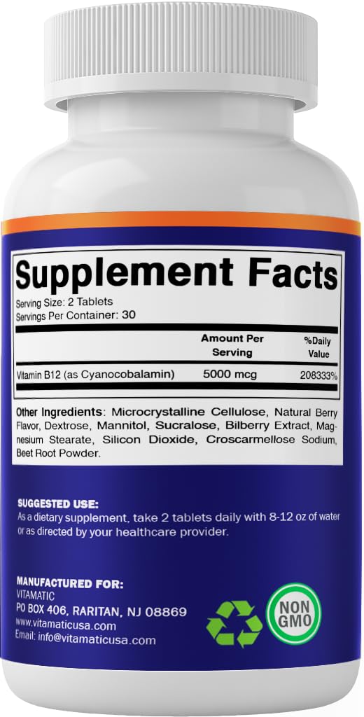 Vitamatic Vitamin B12 5000 mcg – 60 Fast Dissolve Tablets Berry Flavor – Supports Energy Production & Nervous System Health – Non-GMO, Gluten-Free 60 Count (Pack of 1)