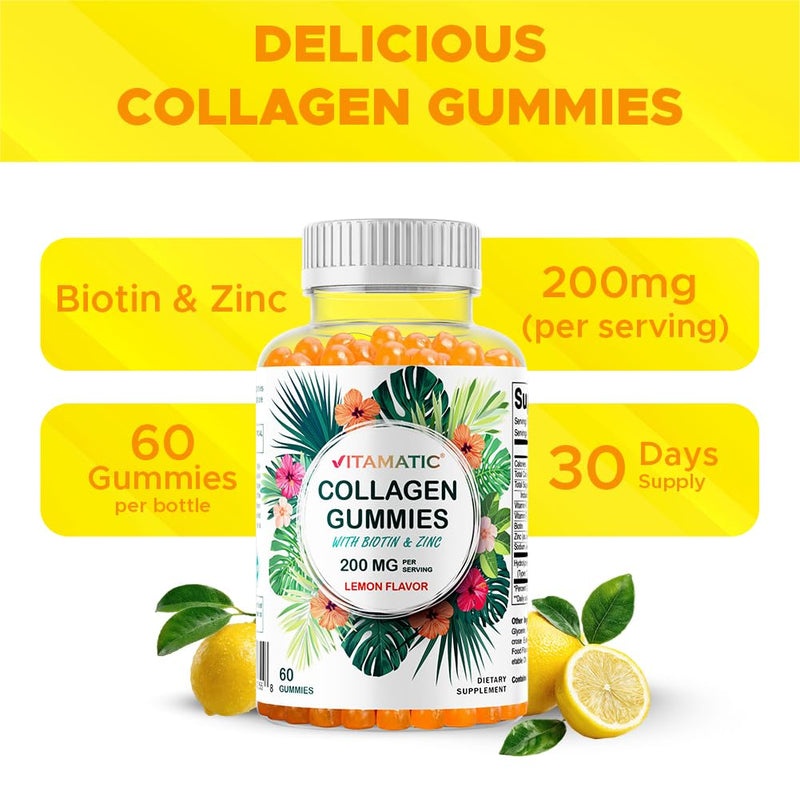 Vitamatic 2 Packs Hydrolyzed Collagen Gummies with Vitamin C, Zinc and Biotin, 200 mg - 60 Gummies (Total 120 Count)