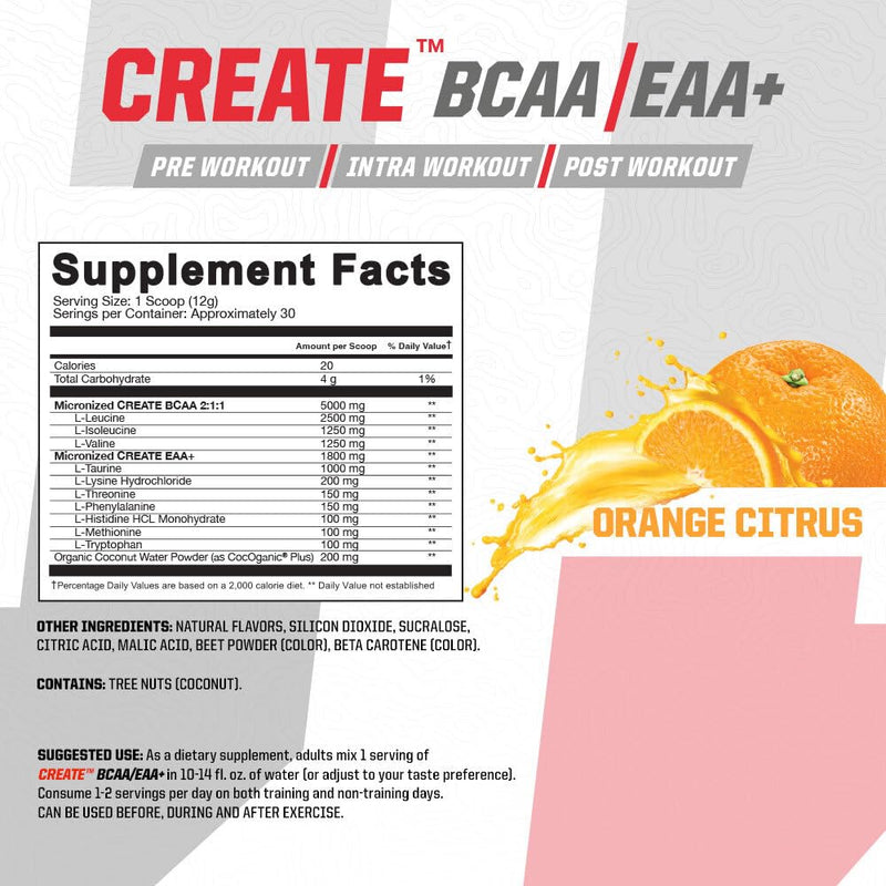 Undefined Nutrition Create BCAA/EAA+ by Brian Shaw -Muscle Recovery & Endurance, 6.8g BCAA/EAA Matrix -Full Spectrum BCAA + Essential Amino Acids Supplement – 30 Servings (127 oz, Orange Citrus) 12.7 Ounce (Pack of 1)