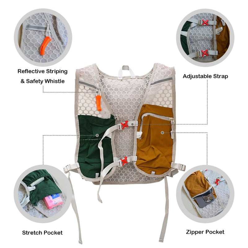 Lightweight Running Vest with 1L Hydration Bladder – 5L Trail Running Water Vest for Women & Men, Adjustable Fit Hydration Pack for Marathon, Jogging, Hiking, Cycling (Green/Grey/Pink) Green Large