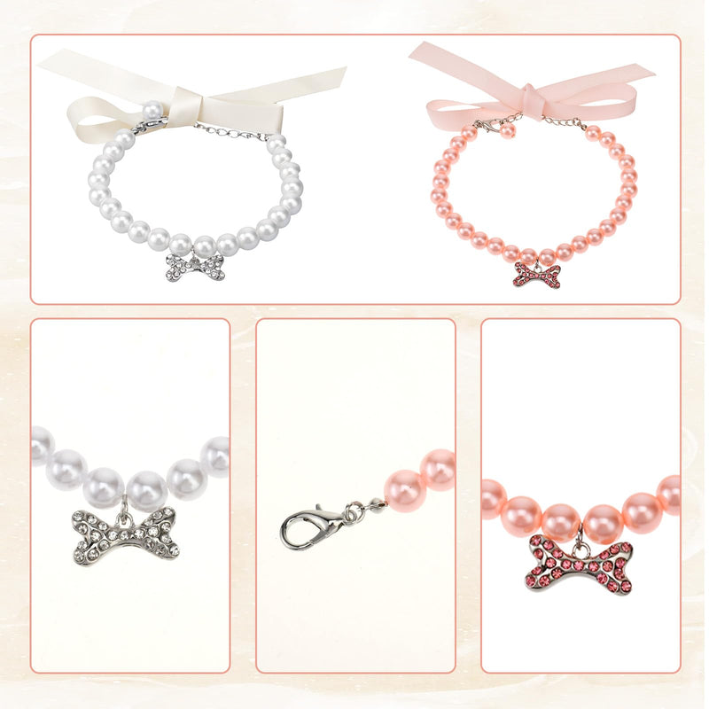 Small Dog Cat Pearl Collars and Pearl Necklace Set Fancy Cat Wedding Collar Jewelry with Bling Rhinestones for Girl Cat Puppy Dogs Kitten Party Wedding Birthday Accessories, Pink+white - BeesActive Australia