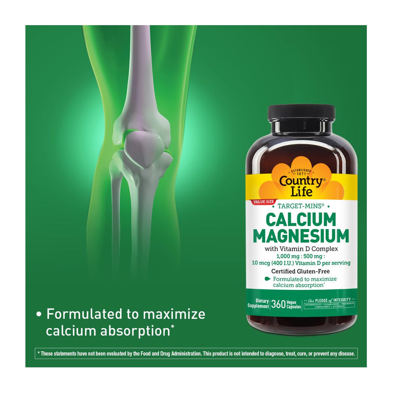 Country Life Target-Mins Calcium Magnesium with Vitamin D, 360 Capsules | Supports calcium absorption and strong bones with 1,000 mg calcium, 500 mg magnesium and 400 IU vitamin D Unflavored 360 Count (Pack of 1)