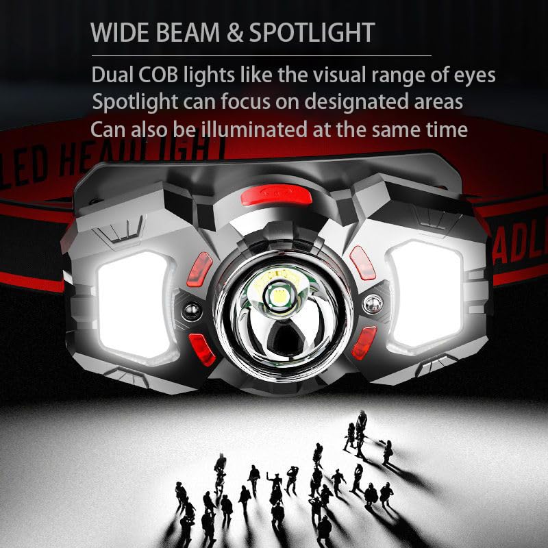 2 Headlamps, White&Red LED Headlamp, 70° Up&Down Adjustable, 4 Clips, Motion Switch, 800 Lumens, 500 Feet Distance and 10 Hours Running Time MAX, IPX5 Waterproof, for Camping, Hiking, Fishing 2 PCS