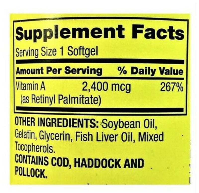 Spring Valley - Vitamin A SUPPLEMENT 2400MCG 250 Softgels 250 Count (Pack of 1) - BeesActive Australia