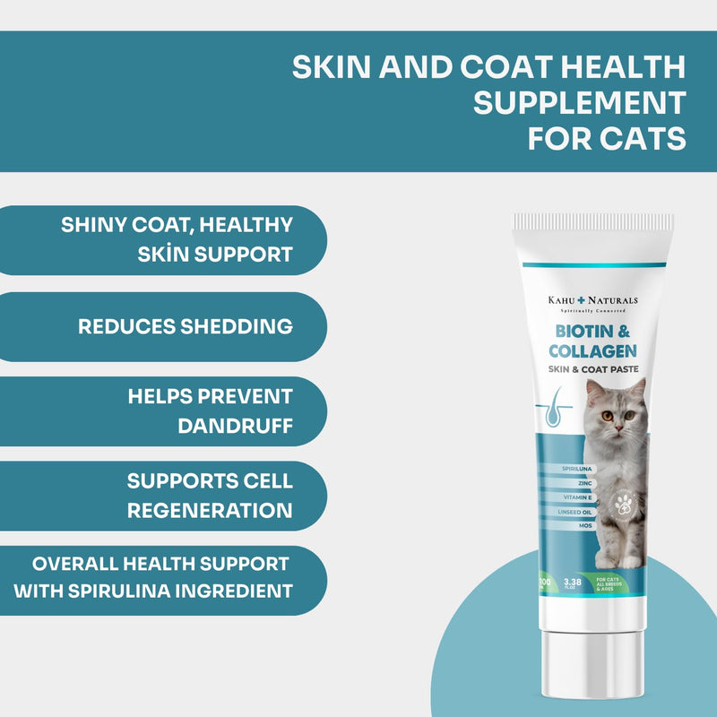 Skin & Coat Cat Supplement – Biotin, Collagen & Omega-3 with Spirulina – Skin Health, Shedding Support – 3.38 oz