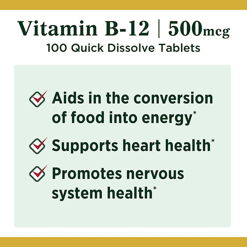 Nature's Bounty Vitamin B12, Supports Energy Metabolism and Nervous System Health, 500mcg, Tablets, 100 Ct (Pack of 2) 100 Count (Pack of 2)