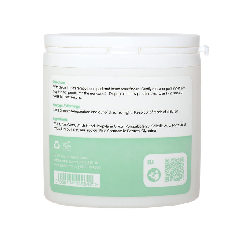 pet wiz Ear Wipes for Dogs & Cats. Clean, Soothe & Deodorise with Natural Active Ingredients Aloe Vera, Witch Hazel, Tea Tree Oil and Blue Chamomile Extract